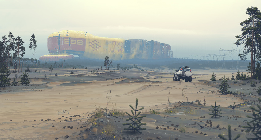 abandoned, absurdres, cable, car, company_name, dilapidated, haze, highres