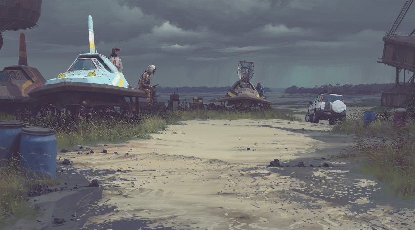 3boys, absurdres, aircraft, cable, car, clouds, cloudy_sky, drum_(container)