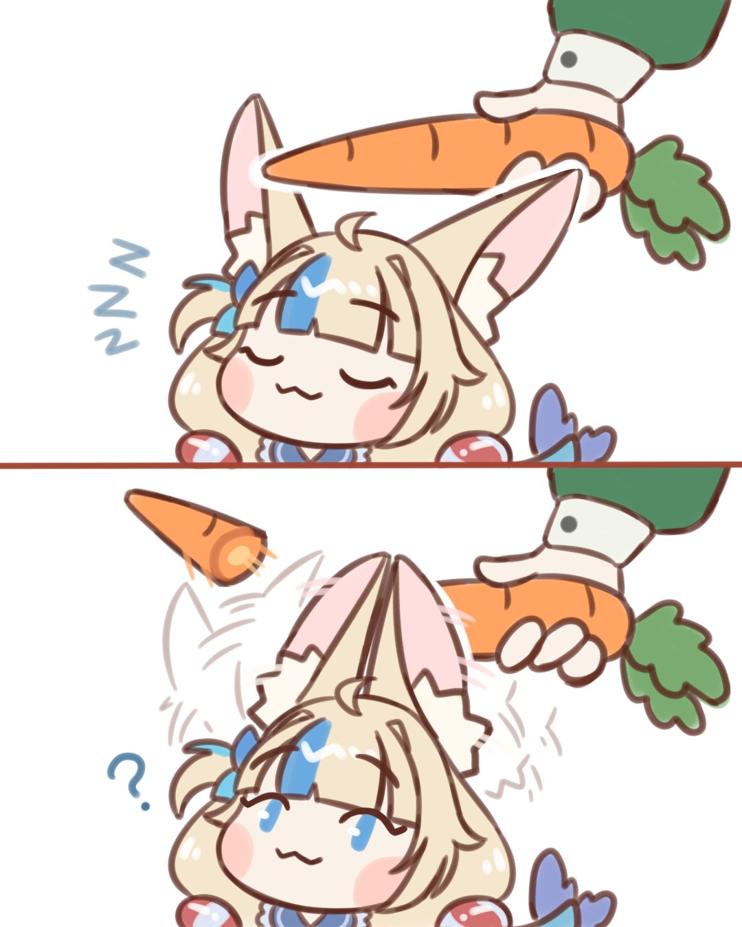 2girls, :3, ahoge, blonde_hair, blue_eyes, blue_hair, carrot, chibi