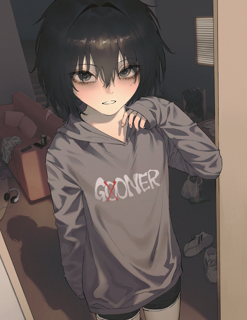 1girl, absurdres, bags_under_eyes, beer_bottle, black_hair, black_shorts, blue_eyes, blush