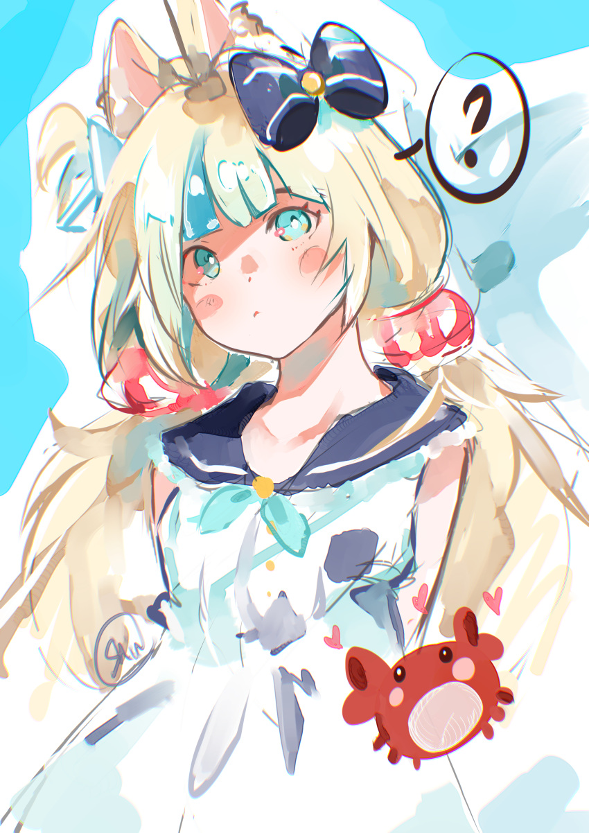 1girl, ?, absurdres, ahoge, animal_ears, blonde_hair, blue_eyes, blue_hair, cat_ears, closed_mouth, crab, dress, highres, indie_virtual_youtuber, long_hair, low_twintails, one_side_up, sameko_saba, sleeveless, sleeveless_dress, solo, spoken_question_mark, twintails, very_long_hair, virtual_youtuber, white_dress, yamishinofficial