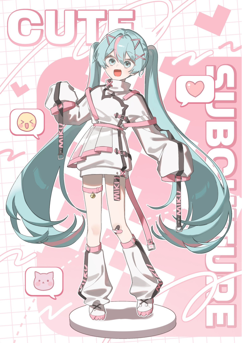 1girl, aqua_eyes, aqua_hair, bandaid, bandaid_on_leg, bell, commentary_request, cute_x_subculture_hatsune_miku_design_contest