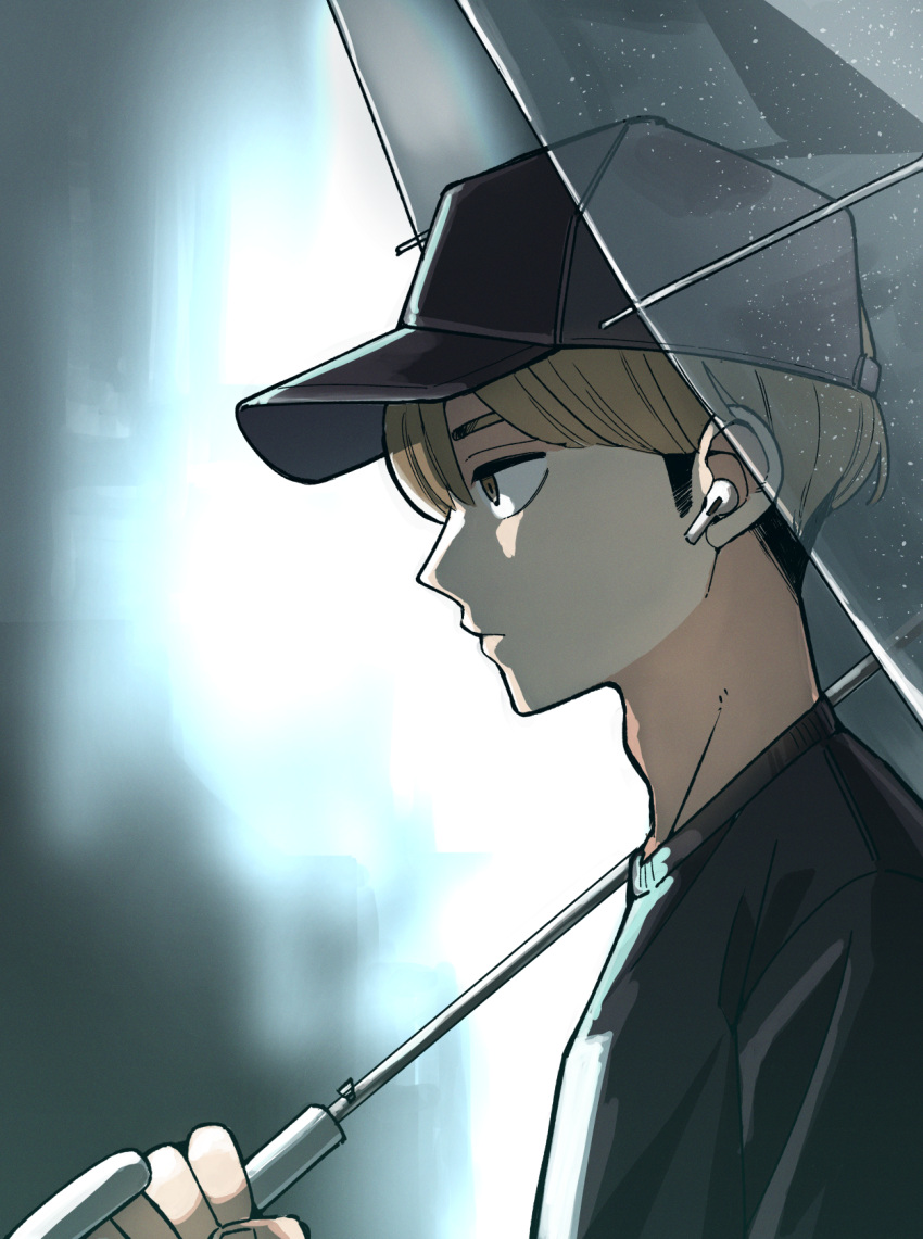 1boy, adam's_apple, baseball_cap, black_hair, black_hat, black_shirt, brown_eyes, brown_hair, closed_mouth, commentary_request, earphones, earphones, from_side, futsuu_no_keion-bu, hat, highres, holding, holding_umbrella, male_focus, profile, sasayamaojisan, shirt, short_hair, solo, takami_kouki, umbrella, upper_body, wireless_earphones