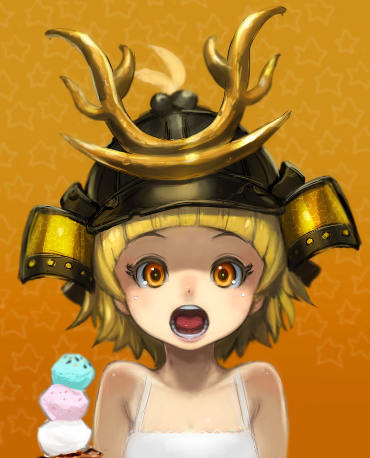 :o, blonde_hair, child, eyes, face, food, helmet, ice_cream, kabuto, muuten, onegai!_ranking, onegai_yellow, open_mouth, orange_eyes, samurai_helmet, shocked_eyes, short_hair, solo, surprised, tongue, uvula