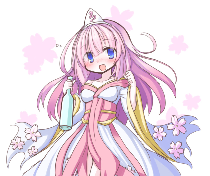 1girl, bare_shoulders, blue_eyes, bottle, cherry_blossoms, drunk, emil_chronicle_online, frr_(akf-hs), hair_ornament, holding, holding_bottle, japanese_clothes, kimono, long_hair, open_mouth, pink_hair, simple_background, towa_(emil_chronicle_online)