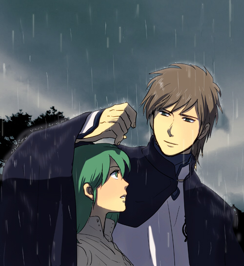1girl, brown_hair, cape, couple, erin, eye_contact, face-to-face, face_to_face