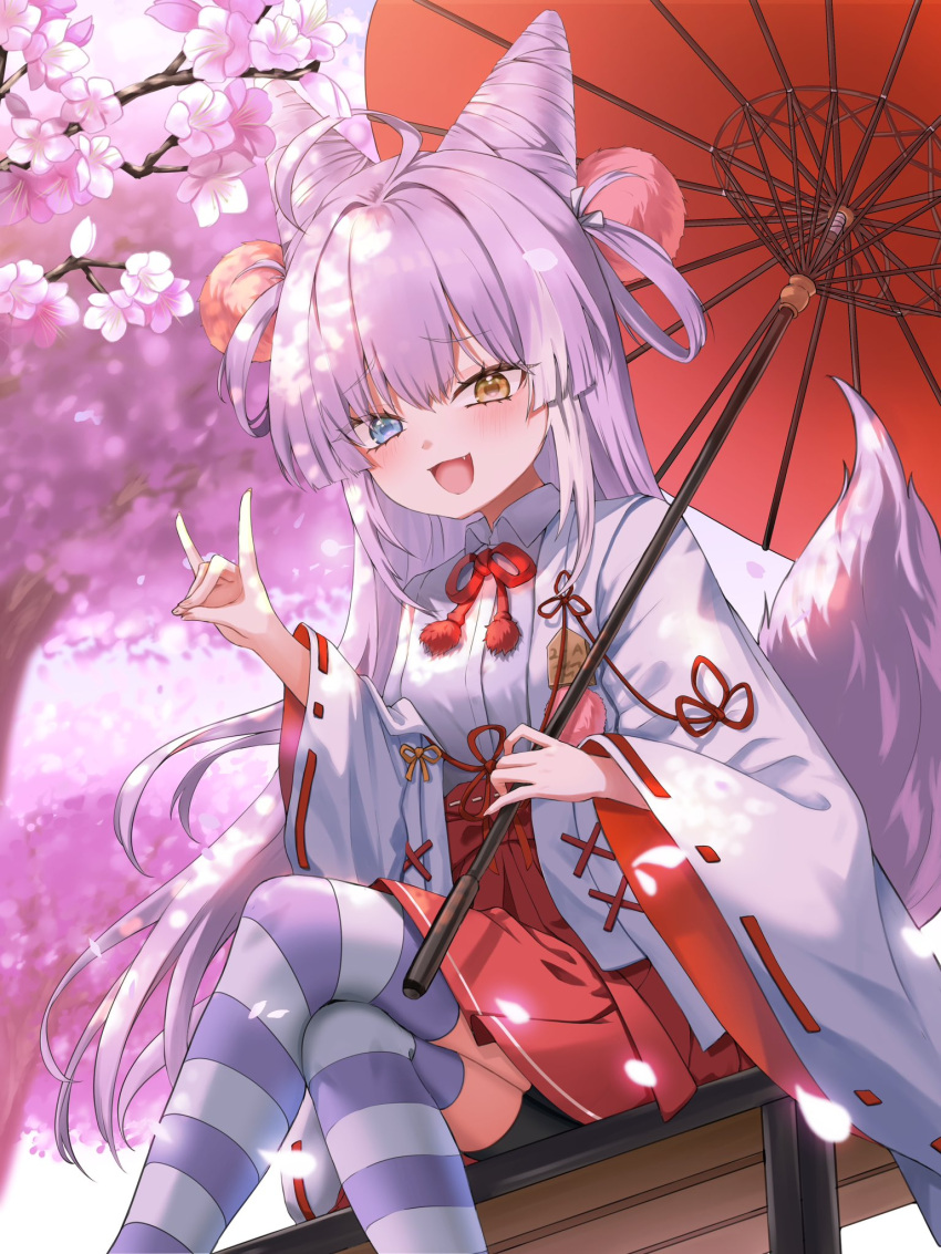 1girl, ahoge, bench, blue_eyes, cherry_blossoms, collared_shirt, commentary_request, cone_hair_bun