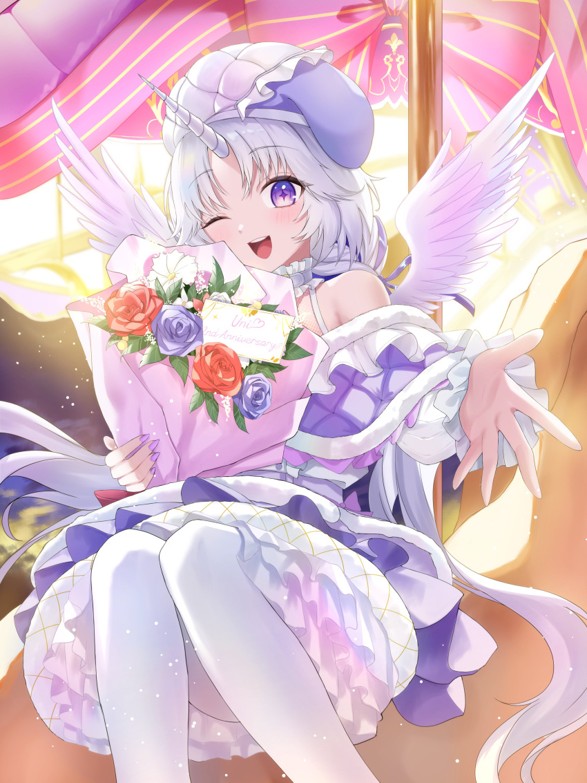 1girl, ;d, absurdres, angel_wings, ayatsuno_yuni, bare_shoulders, beret, bouquet
