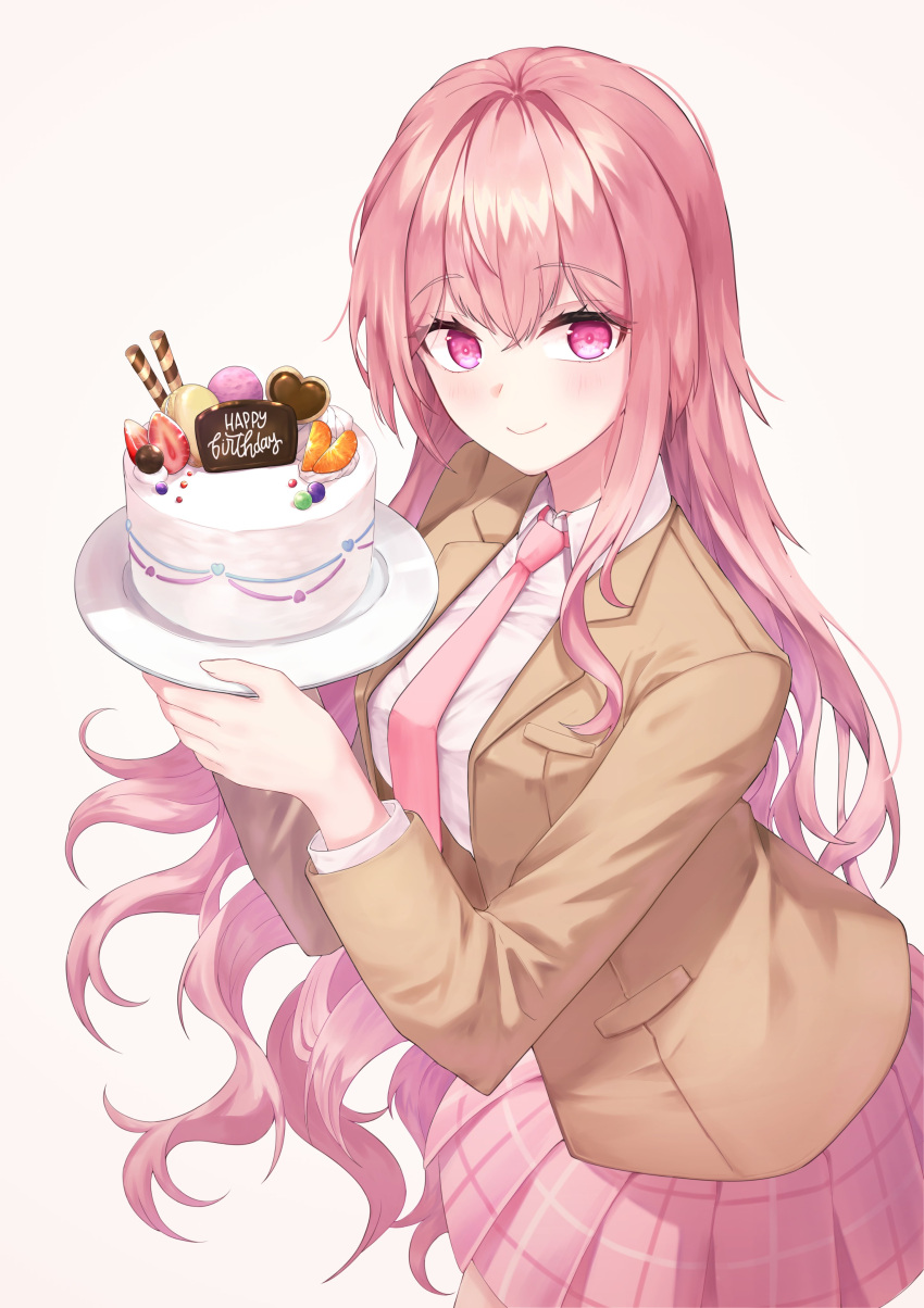 1girl, absurdres, blazer, brown_jacket, cake, closed_mouth, collared_shirt, commentary_request, cowboy_shot, food, happy_birthday, hayo_(dydgk6664), highres, holding, holding_plate, honey_churros, indie_virtual_youtuber, jacket, korean_commentary, long_hair, long_sleeves, looking_at_viewer, necktie, open_clothes, open_jacket, pink_eyes, pink_hair, pink_necktie, pink_skirt, plate, pleated_skirt, school_uniform, shirt, simple_background, skirt, smile, solo, very_long_hair, virtual_youtuber, white_background, white_shirt