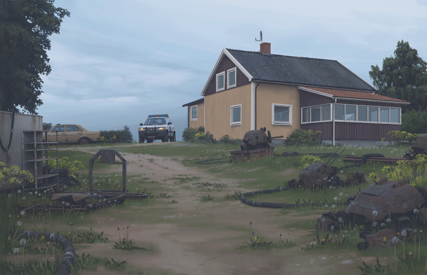 absurdres, building, cable, car, chimney, clouds, cloudy_sky, dandelion