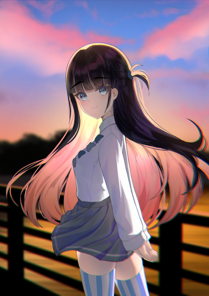 1girl, absurdres, arms_behind_back, basori_tiara, black_hair, blue_bow, blue_bowtie, blue_eyes