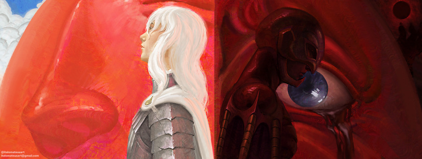 1boy, armor, behelit, berserk, blood, blood_from_eyes, blue_eyes, cape