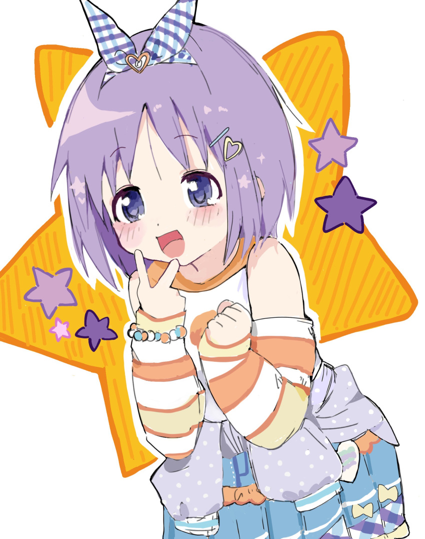 1girl, blue_eyes, blush, bow, bracelet, clenched_hand, clothes_around_waist, denim