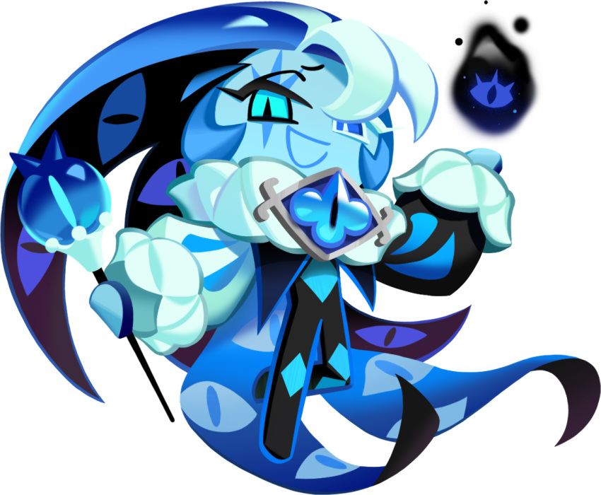 1boy, androgynous, blue_cape, blue_gemstone, blue_skin, brooch, cape, colored_eyelashes
