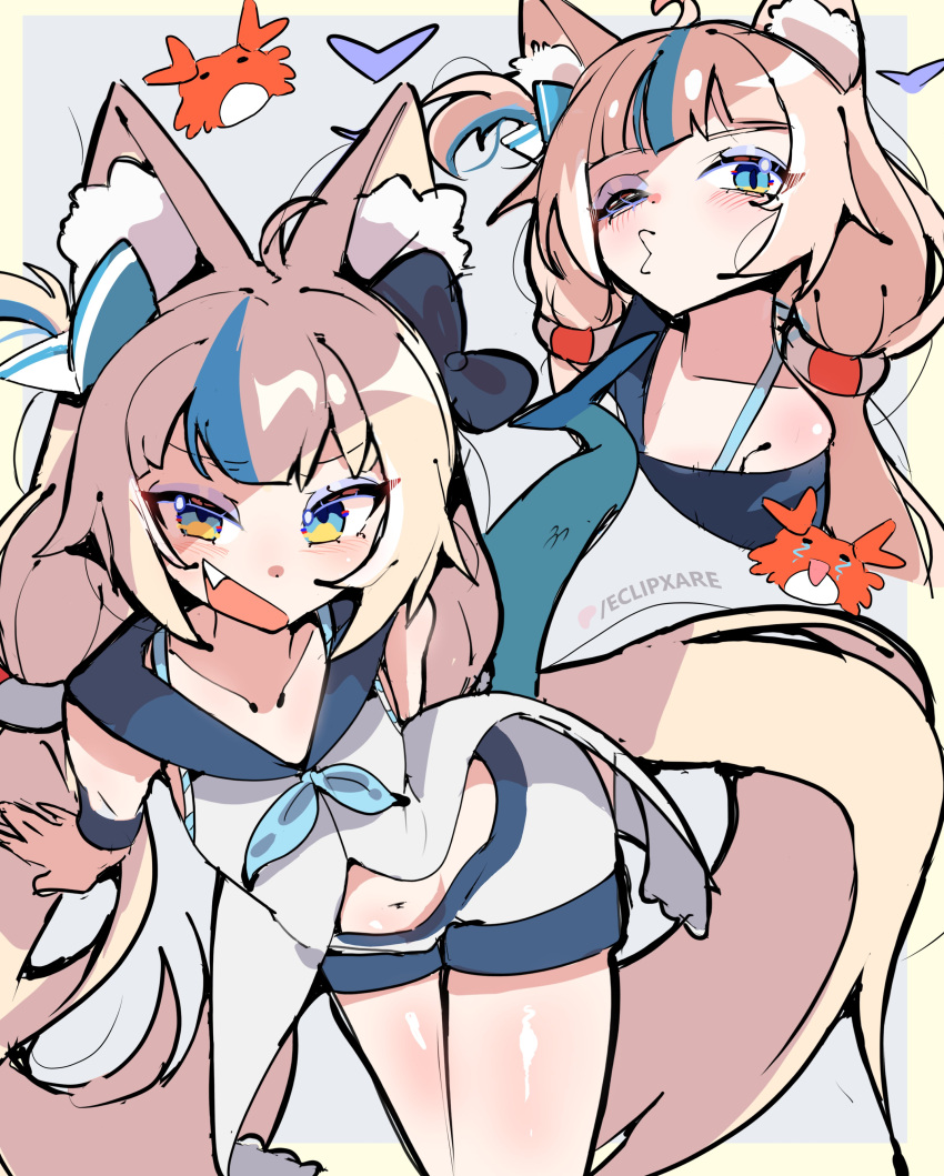 1girl, absurdres, ahoge, alternate_costume, animal_ear_fluff, animal_ears, blue_eyes, blue_hair