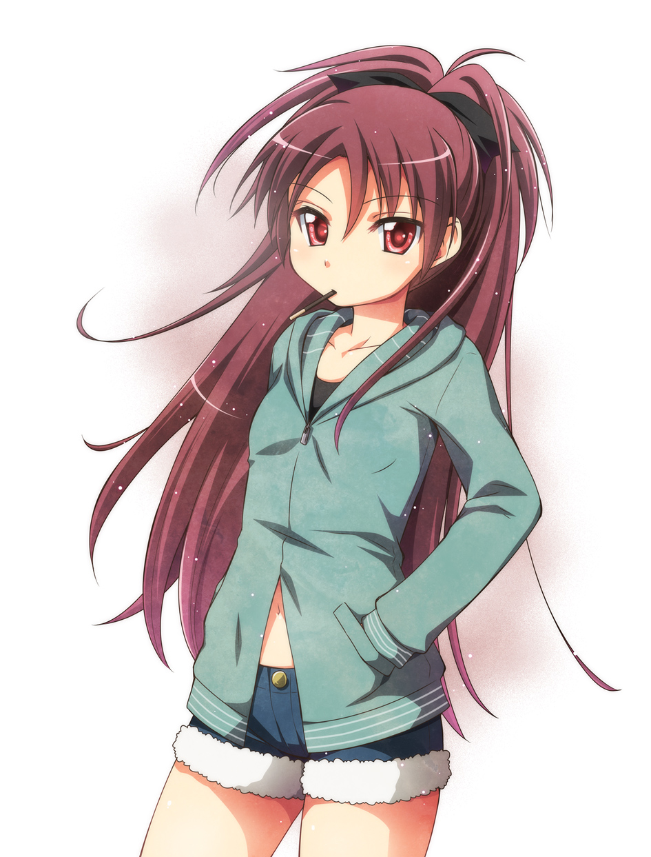 casual, hands_in_pockets, hazuki_(etcxetc), highres, hoodie, long_hair, mahou_shoujo_madoka_magica, mouth_hold