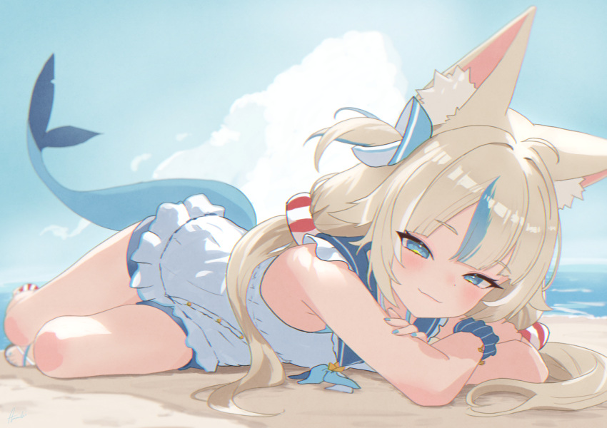 1girl, animal_ears, beach, blonde_hair, blue_eyes, fins, fish_girl, fish_tail
