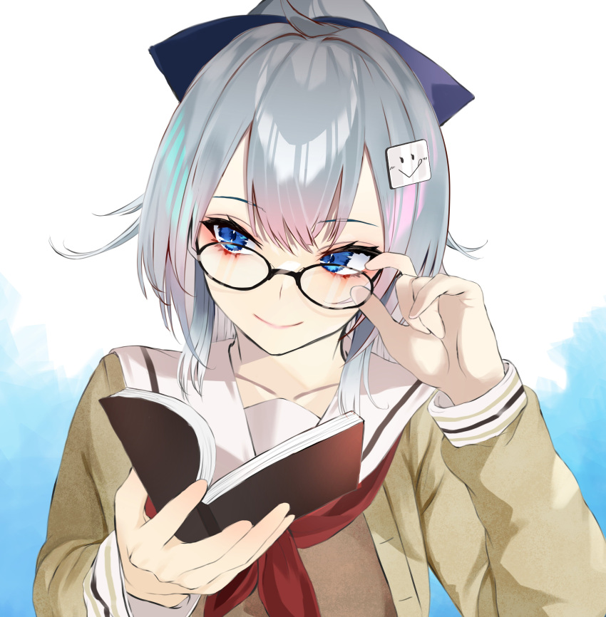 1girl, :>, :d, absurdres, adjusting_eyewear, black-framed_eyewear, blue_eyes, blue_hair