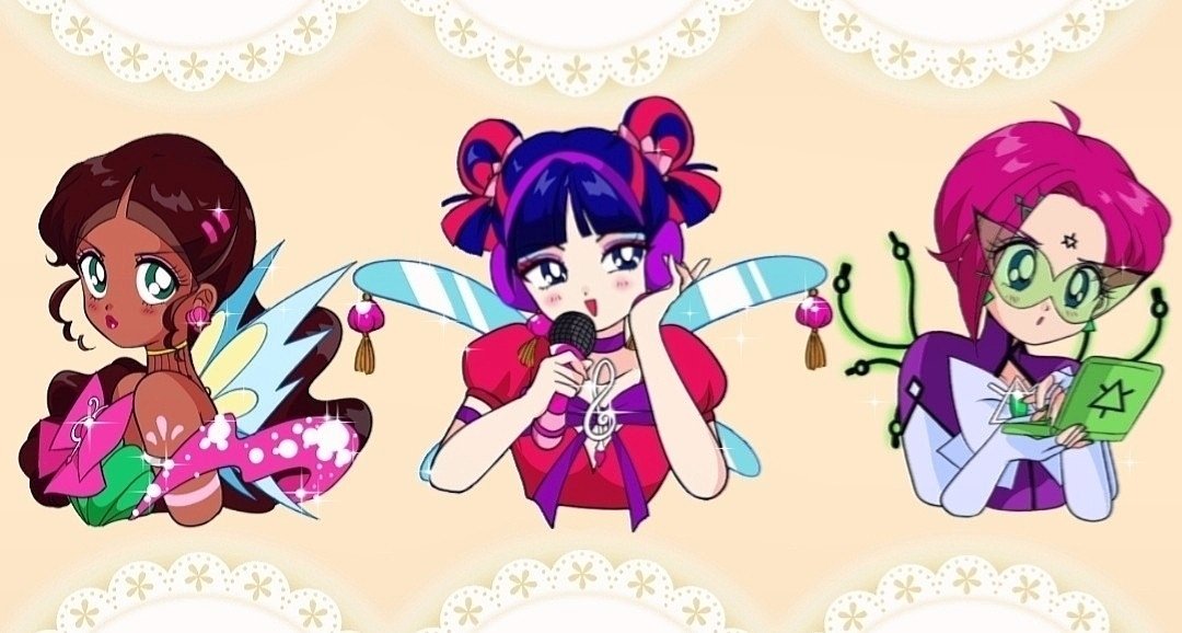 1990s_(style), 3girls, :o, ahoge, aisha_(winx_club), aqua_eyes, armlet, asian