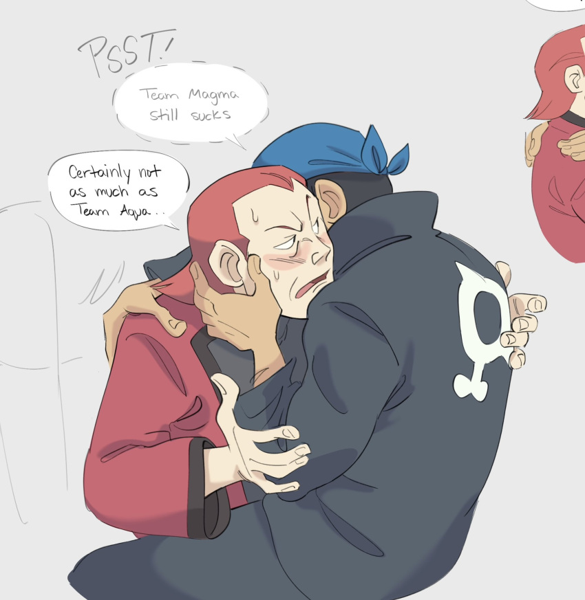 2boys, archie_(pokemon), bandana, black_hair, black_pants, black_shirt, blue_bandana, coat