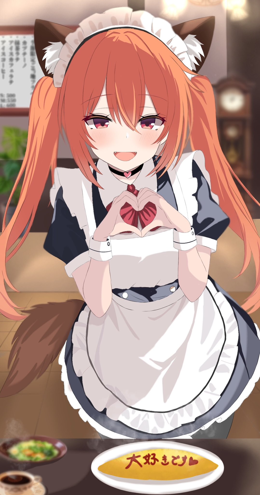 1girl, :d, alternate_costume, alternate_hairstyle, animal_ear_fluff, animal_ears, apron, black_choker, black_dress, blurry, blurry_background, blush, bow, bowtie, buttons, cafe, chinoha_usagi, choker, coffee, commentary, cowboy_shot, double-breasted, dress, enmaided, eyelashes, fake_animal_ears, fake_tail, fangs, food, food_writing, frilled_apron, frilled_dress, frills, hair_between_eyes, hands_up, happy, heart, heart_choker, heart_hands, highres, inaba_meguru, indoors, ketchup, long_hair, maid, maid_apron, maid_headdress, omelet, omurice, open_mouth, orange_hair, pov, puffy_short_sleeves, puffy_sleeves, red_bow, red_bowtie, red_eyes, sanoba_witch, short_sleeves, sidelocks, smile, solo, steam, tail, translated, twintails, white_apron, white_wrist_cuffs, wolf_ears, wolf_tail, wrist_cuffs