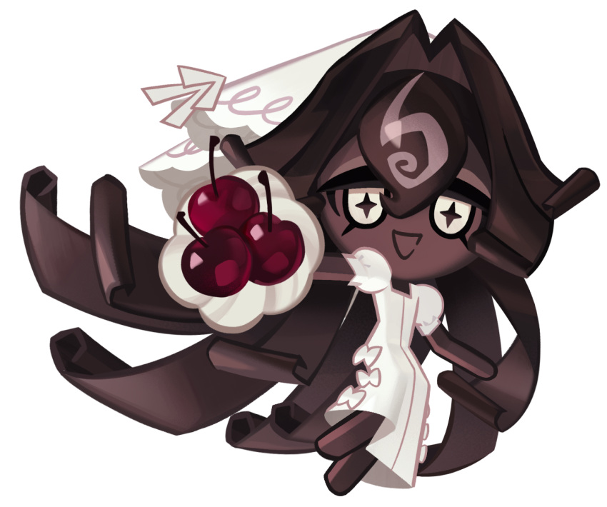 1girl, black_forest_cookie, bouquet, bridal_veil, bride, brown_hair, cherry, chocolate