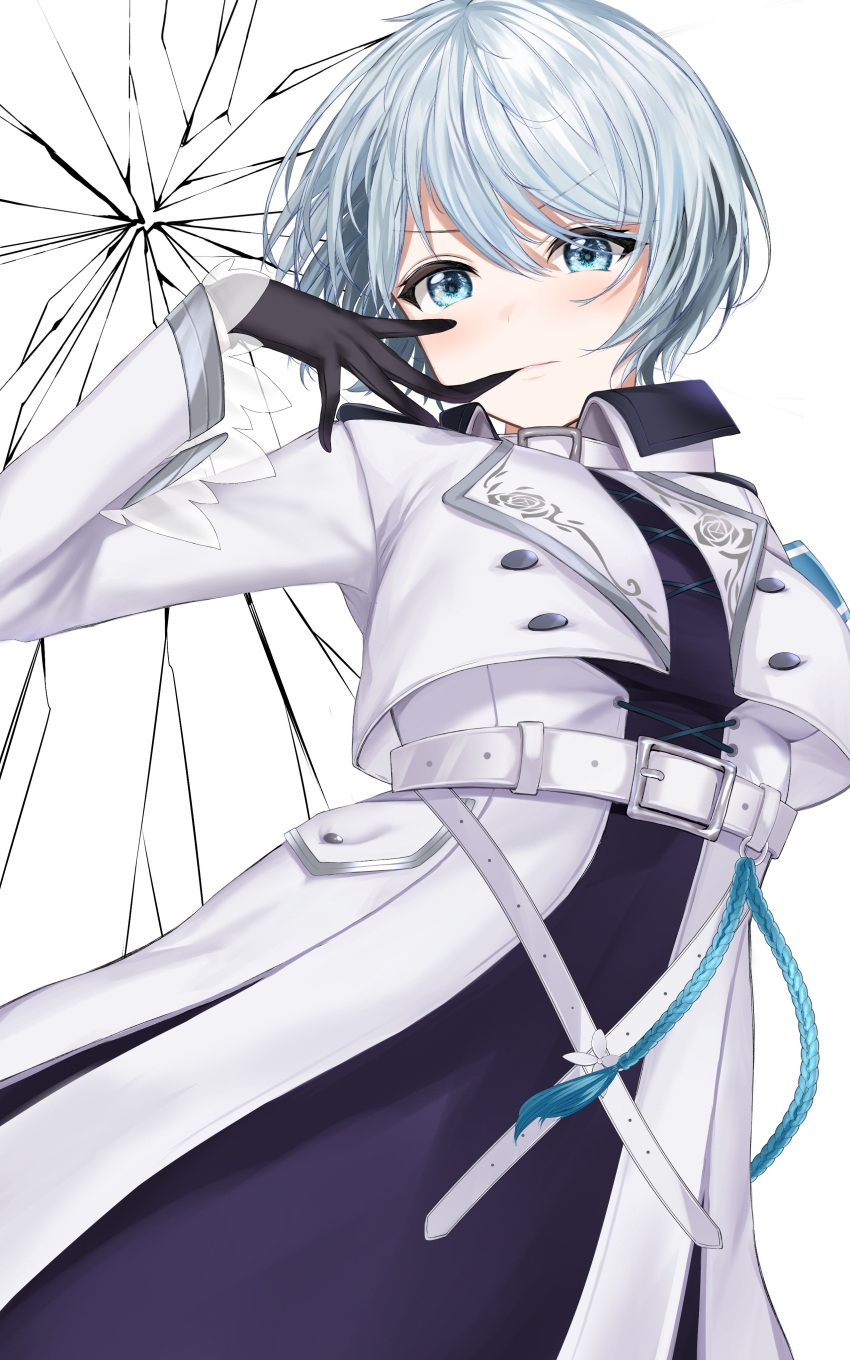 1girl, absurdres, belt, biting, biting_glove, black_dress, black_gloves, blue_eyes