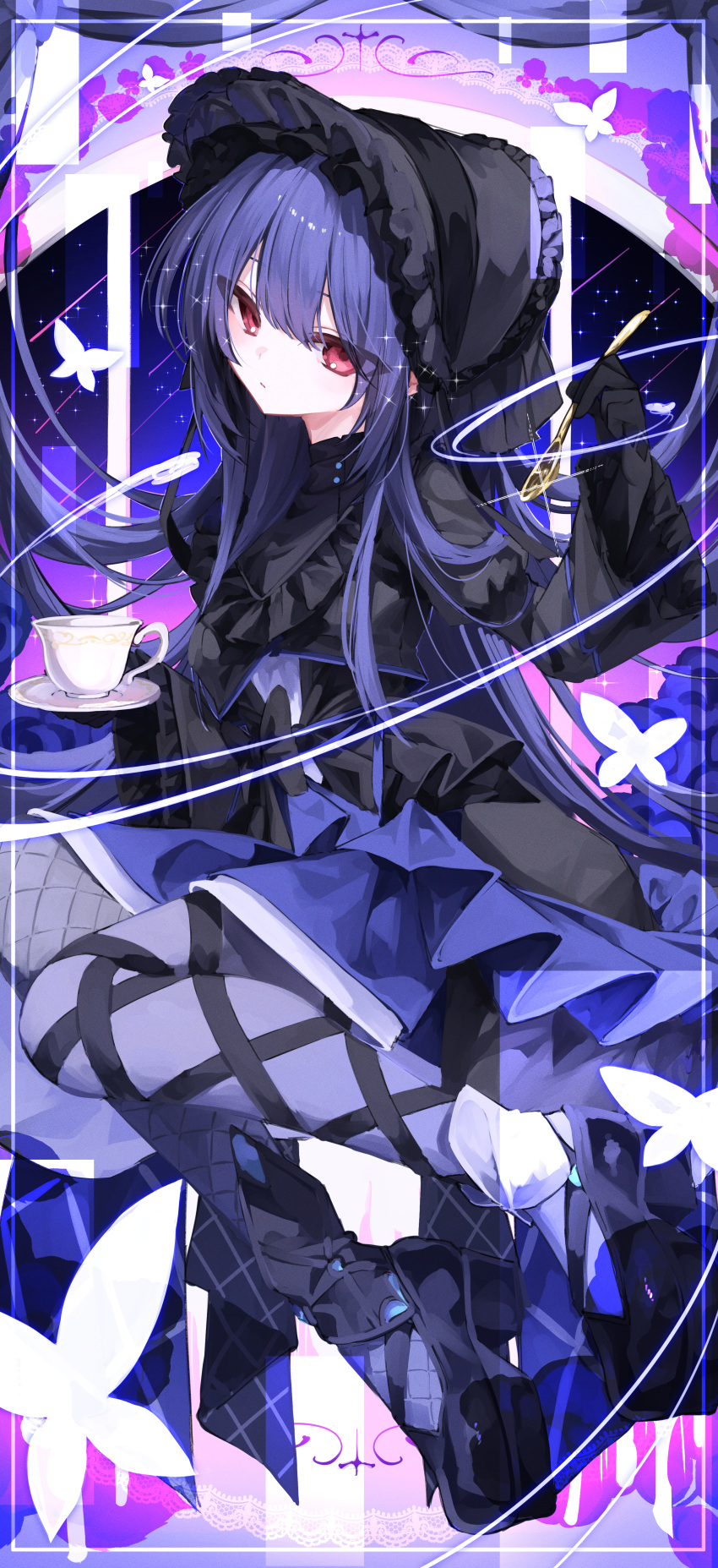 1girl, absurdres, black_bow, black_dress, black_gloves, black_shoes, bow, cup