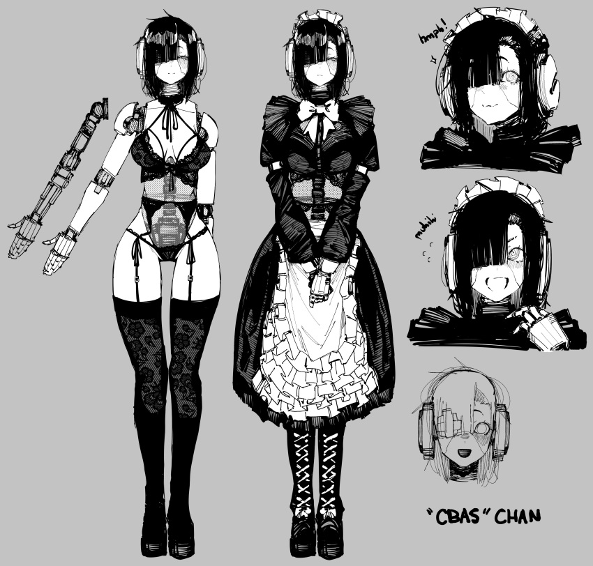 10_4_(10f0ur), 1girl, absurdres, alternate_costume, android, apron, asymmetrical_hair, belt, black_dress, black_skirt, blush, bow, bowtie, c-bas, crop_top, dress, frilled_apron, frills, full_body, garter_straps, greyscale, hair_over_one_eye, highres, humanoid_robot, joints, juliet_sleeves, lace, lace_thighhighs, long_hair, long_sleeves, maid, maid_apron, mechabare, mechanical_arms, mechanical_hands, monochrome, no_pupils, open_mouth, original, pleated_skirt, puffy_sleeves, reference_sheet, robot, robot_ears, robot_girl, robot_joints, see-through_body, shirt, simple_background, skirt, solo, spine, thigh-highs, thighs, white_apron, white_belt, white_sleeve_cuffs