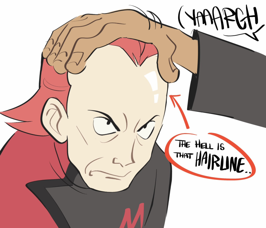2boys, archie_(pokemon), arrow_(symbol), black_eyes, closed_mouth, coat, english_text, hand_on_another's_head, highres, large_forehead, logo, looking_up, lynn_(daisiloou), male_focus, maxie_(pokemon), medium_hair, multiple_boys, pokemon, pokemon_rse, receding_hairline, red_hair, shiny_skin, simple_background, speech_bubble, team_magma, white_background