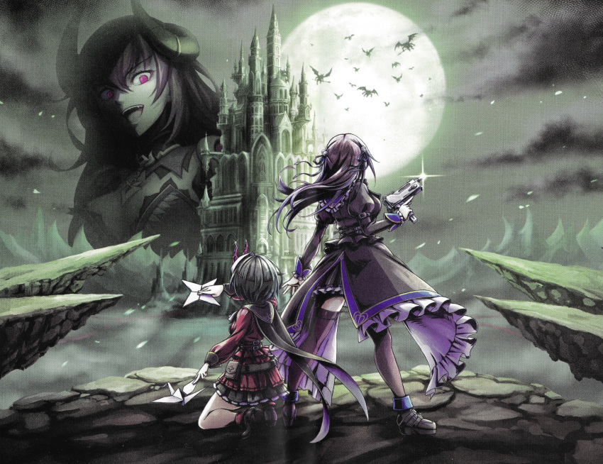 3girls, absurdres, artist_request, battle, black_boots, black_hair, blue_ribbon, boots, breasts, brown_hair, castle, cliff, clouds, demon, demon_girl, demon_horns, facing_ahead, fighting_stance, flying, full_body, full_moon, gal_guardians, gal_gun_(series), gun, hair_ornament, hair_ribbon, highres, hill, holding, holding_gun, holding_weapon, horns, japanese_clothes, kamizono_maya, kamizono_shinobu, kurona_(adult), large_breasts, long_hair, long_sleeves, looking_at_another, mac-10/11, mask, moon, multiple_girls, night, night_sky, official_art, oni_mask, open_mouth, origami, paper, paper_crane, red_eyes, red_hair, ribbon, scan, short_hair, sky, standing, submachine_gun, teeth, thigh-highs, upper_teeth_only, weapon