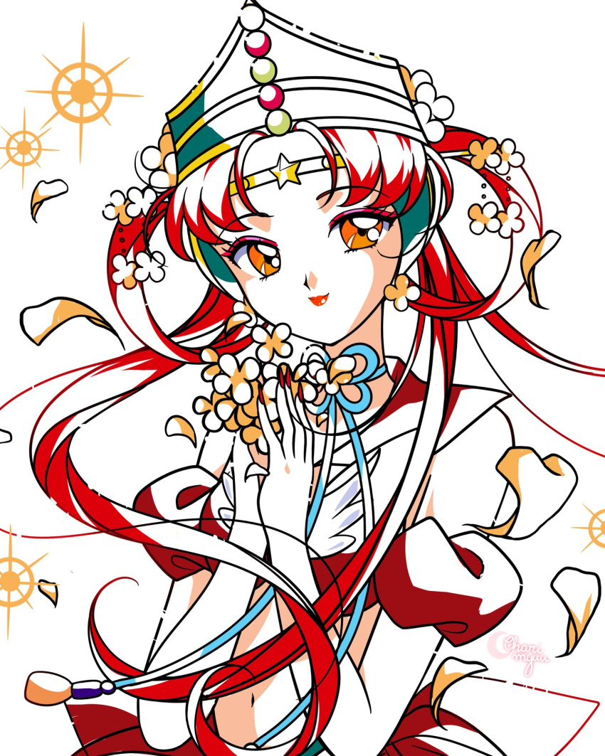 1990s_(style), 1girl, aqua_hat, artist_name, bad_id, bad_twitter_id, bare_arms, bare_shoulders