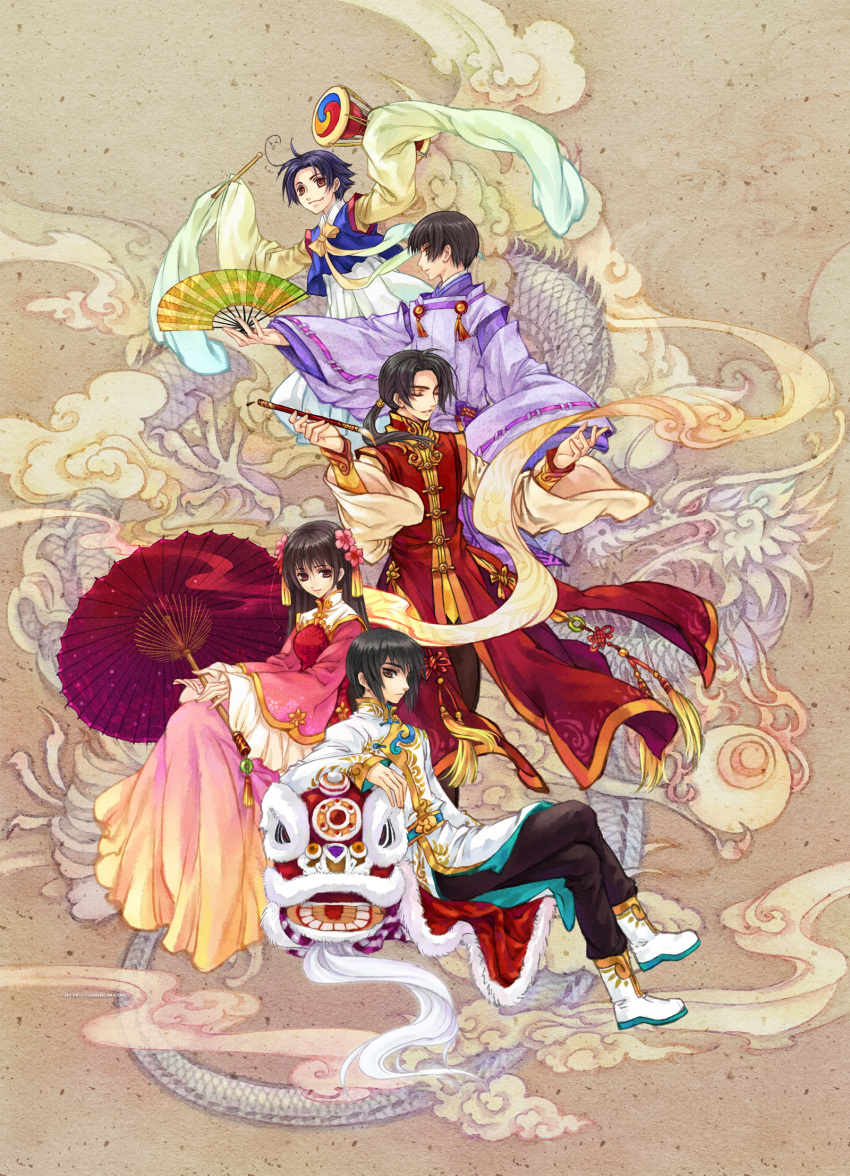 ahoge, axis_powers_hetalia, black_hair, brown_eyes, calligraphy_brush, china, china_(hetalia), chinese_clothes