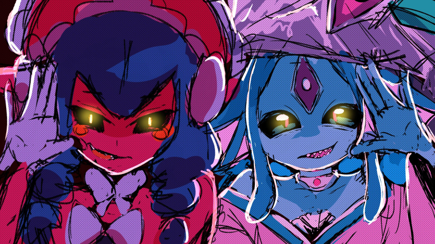 2girls, ariemon, bare_shoulders, black_sclera, blue_hair, bonnet, colored_sclera, colored_skin