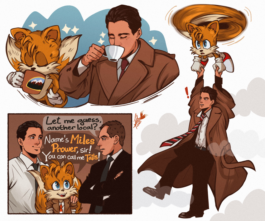 !, 3boys, animal_ears, arm_up, black_hair, black_pants, blue_eyes, brown_coat