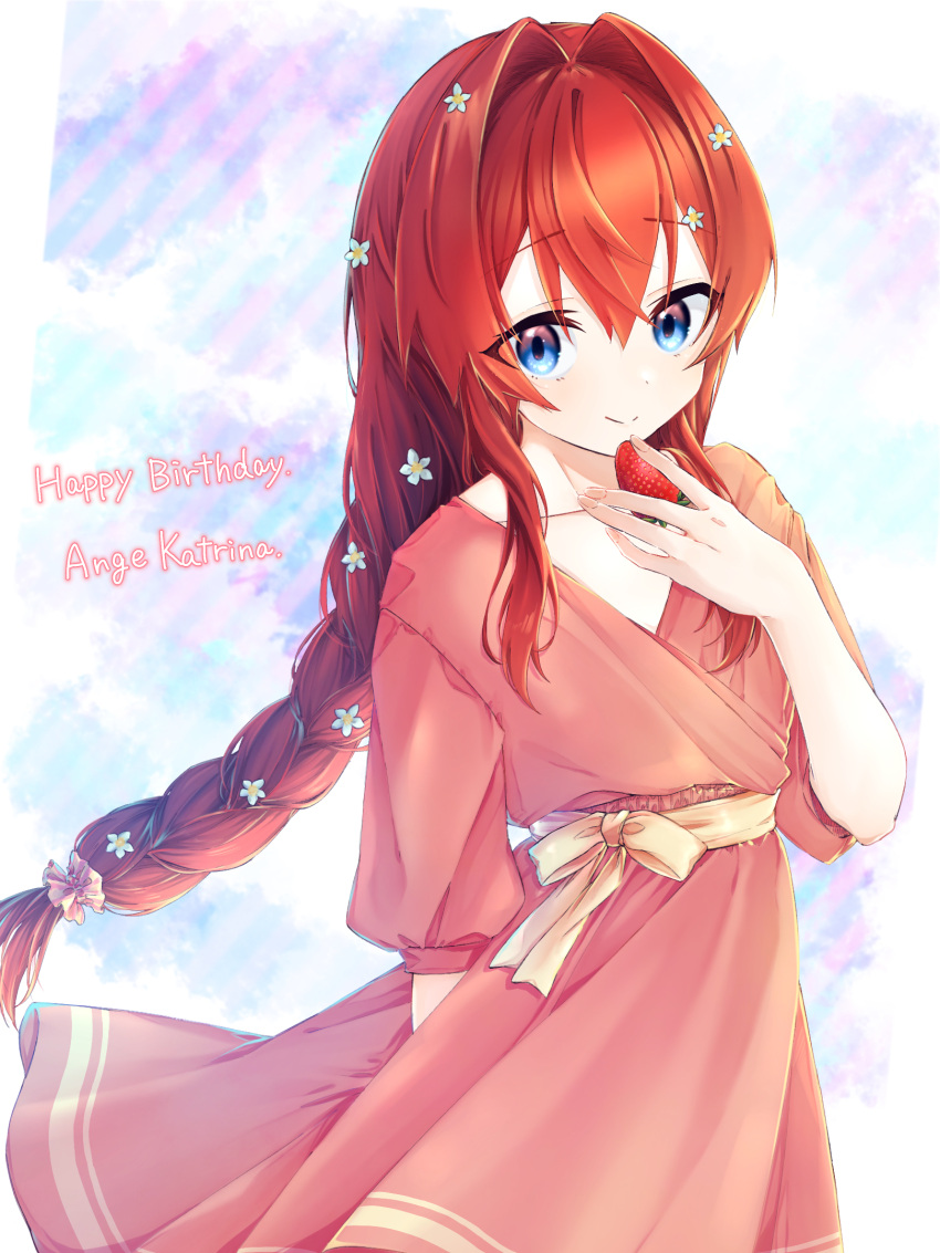 1girl, alternate_costume, alternate_hairstyle, ange_katrina, ayuko_ammobium, belt, blue_background, blue_eyes