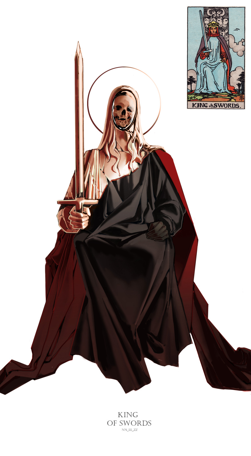 1boy, 1other, absurdres, black_gloves, black_robe, cape, card, cracked_skin