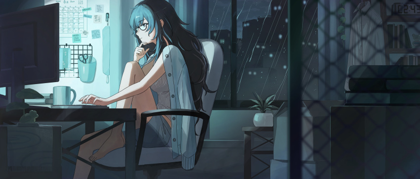 1girl, absurdres, aqua_eyes, aqua_hair, arm_out_of_sleeve, barefoot, black-framed_eyewear, blurry