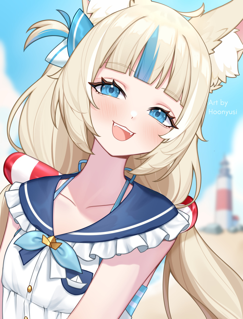 1girl, absurdres, ahoge, animal_ear_fluff, animal_ears, beach, blonde_hair, blue_eyes