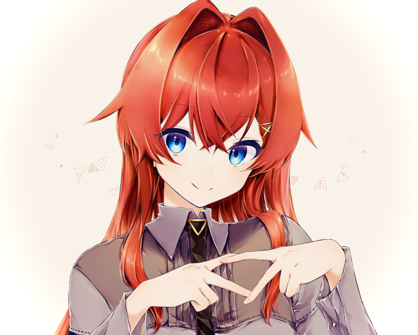 1girl, ange_katrina, ange_katrina_(4th_costume), ayuko_ammobium, black_necktie, blue_eyes, closed_mouth, collared_shirt, commentary_request, crossed_bangs, dot_nose, gradient_background, grey_shirt, hair_between_eyes, hair_intakes, hair_over_shoulder, hands_up, highres, long_hair, long_sleeves, looking_at_viewer, necktie, nijisanji, pink_background, portrait, radial_gradient_background, red_hair, shirt, smile, solo, split_mouth, triangle, virtual_youtuber