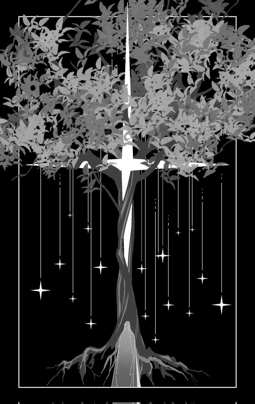 1other, benkdjjituibot, black_background, border, greyscale, hanging_light, hanging_star, highres
