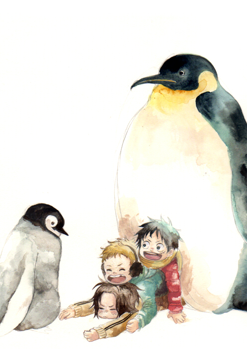 3boys, brothers, chikama, chikama_(minka), child, earmuffs, family, happy, monkey_d_luffy, multiple_boys, one_piece, penguin, playing, portgas_d_ace, sabo_(one_piece), scarf, siblings, winter, young