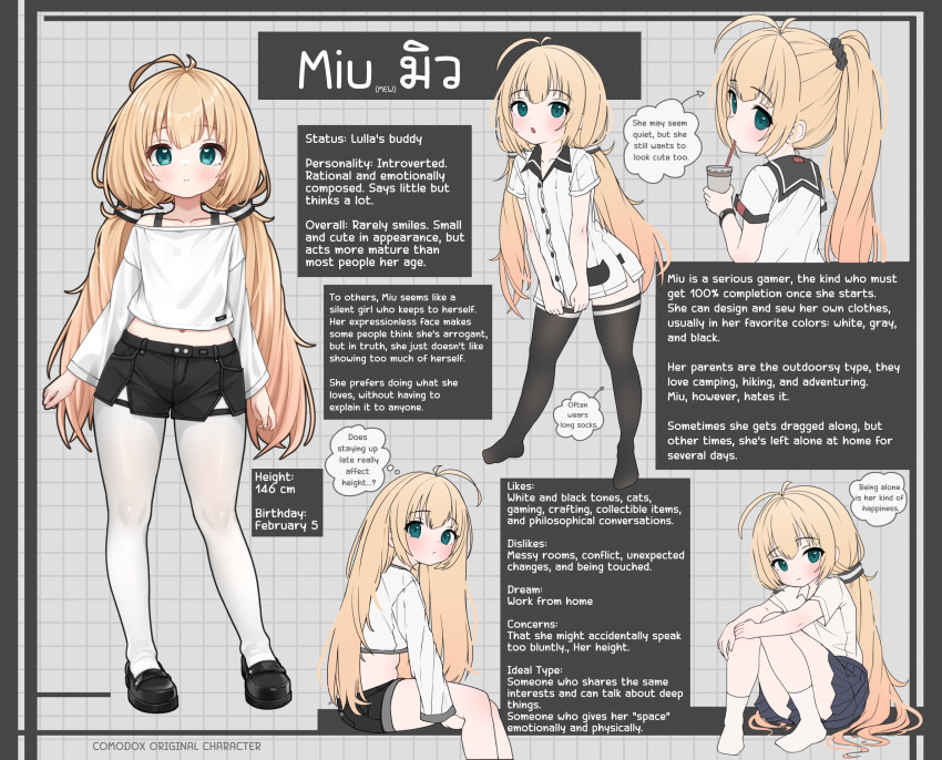 1girl, alternate_language, blonde_hair, comodox, english_text, highres, long_hair, low_twintails