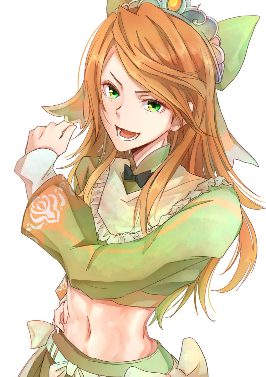 1girl, abs, black_bow, black_bowtie, bow, bowtie, crop_top, etie_(fire_emblem)