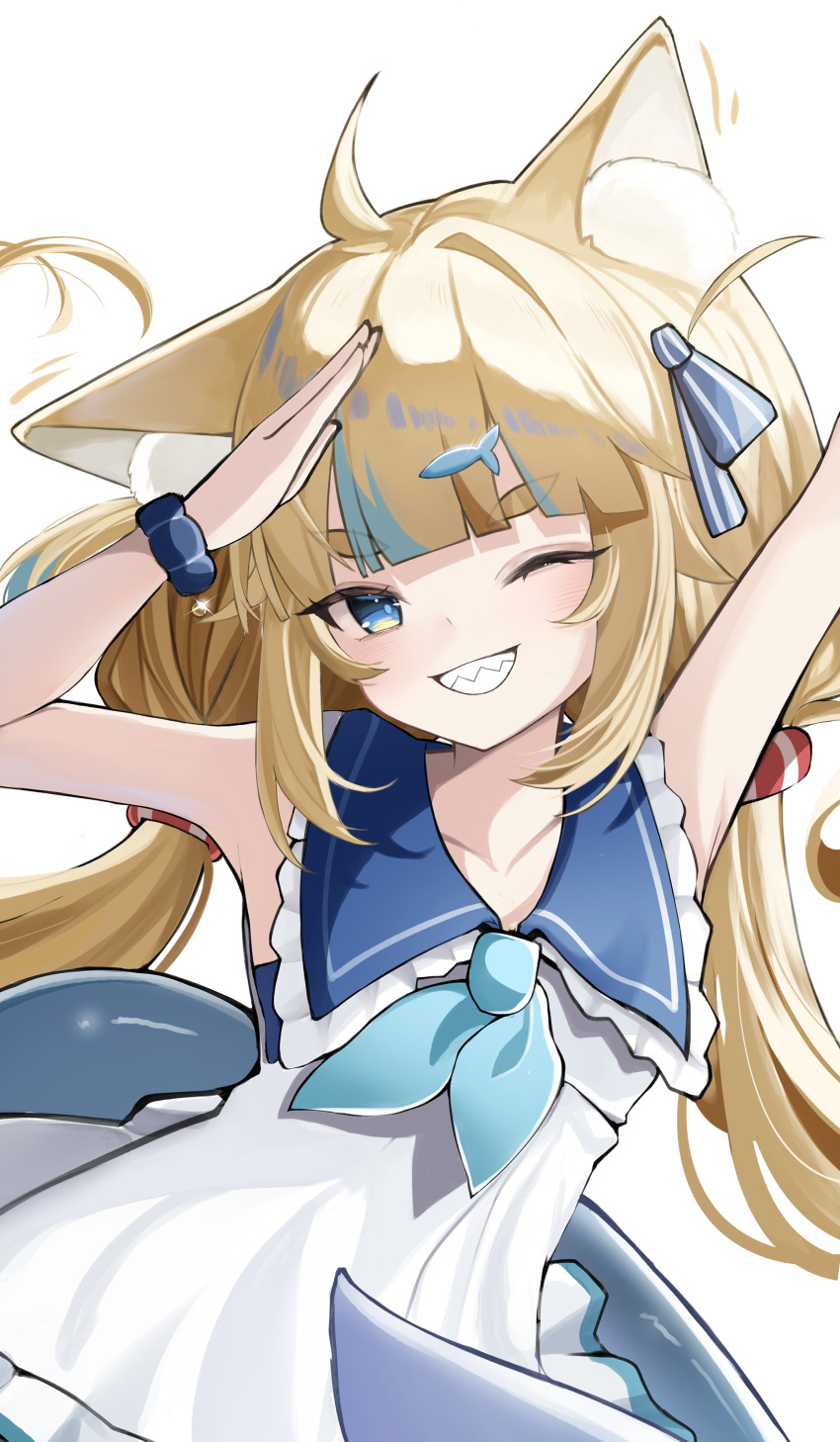 1girl, absurdres, ahoge, animal_ear_fluff, animal_ears, blonde_hair, blue_eyes, blue_hair, blue_neckerchief, cat_ears, dress, fins, fish_hair_ornament, fish_tail, grin, hair_ornament, highres, indie_virtual_youtuber, lifebuoy_hair_ornament, long_hair, looking_at_viewer, low_twintails, multicolored_hair, neckerchief, one_eye_closed, papaya_b0i, sailor_dress, sameko_saba, sharp_teeth, smile, solo, streaked_hair, tail, teeth, twintails, very_long_hair, virtual_youtuber, white_background, white_dress
