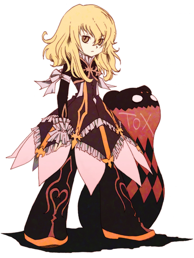blonde_hair, bow, checkered, chibi, dress, elise_lutas, elise_lutus, frills, frown, long_hair, pants, pikorasu, ribbon, serious, stuffed_animal, stuffed_toy, tales_of_(series), tales_of_xillia, tipo, tipo_(xillia), tippo, title_drop, white_background, yellow_eyes