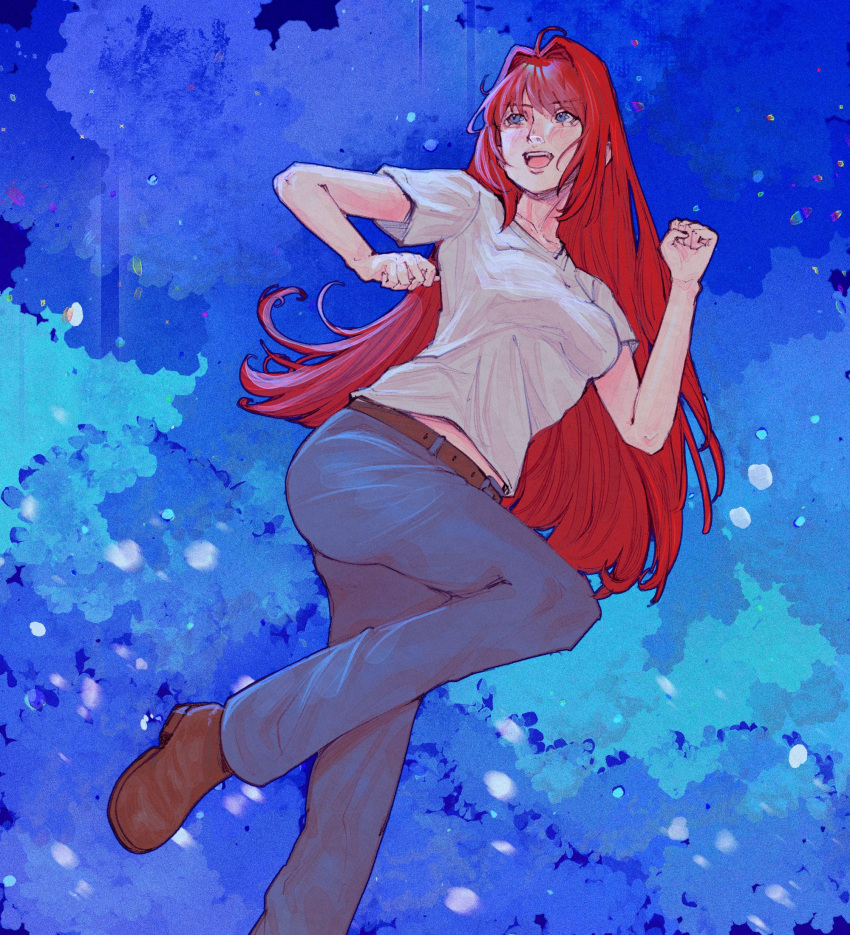 1girl, aozaki_aoko, belt, blue_background, blue_eyes, blue_pants, blush, breasts, brown_belt, brown_shoes, denim, english_commentary, hair_intakes, highres, jeans, long_hair, looking_to_the_side, melty_blood, pants, purplerider, red_hair, shirt, shoes, smile, solo, standing, standing_on_one_leg, t-shirt, tsukihime, white_shirt