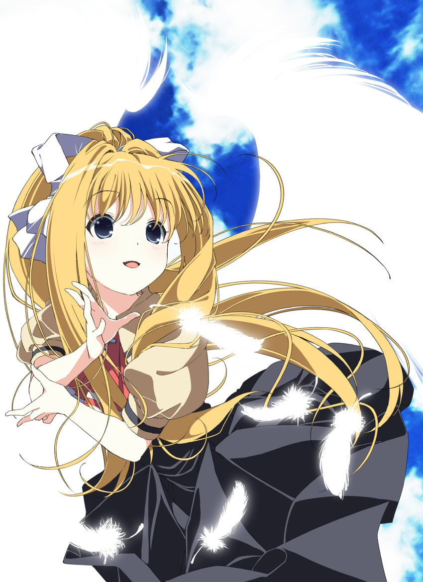 1girl, air_(visual_novel), ascot, black_dress, blonde_hair, blue_eyes, clouds, collared_shirt