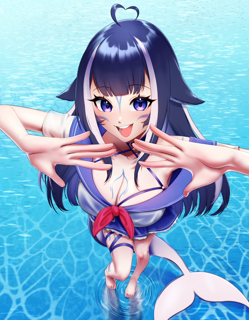 animal_ears, black_hair, blue_hair, fish_tail, multicolored_hair, ocean, sailor_collar, shylily
