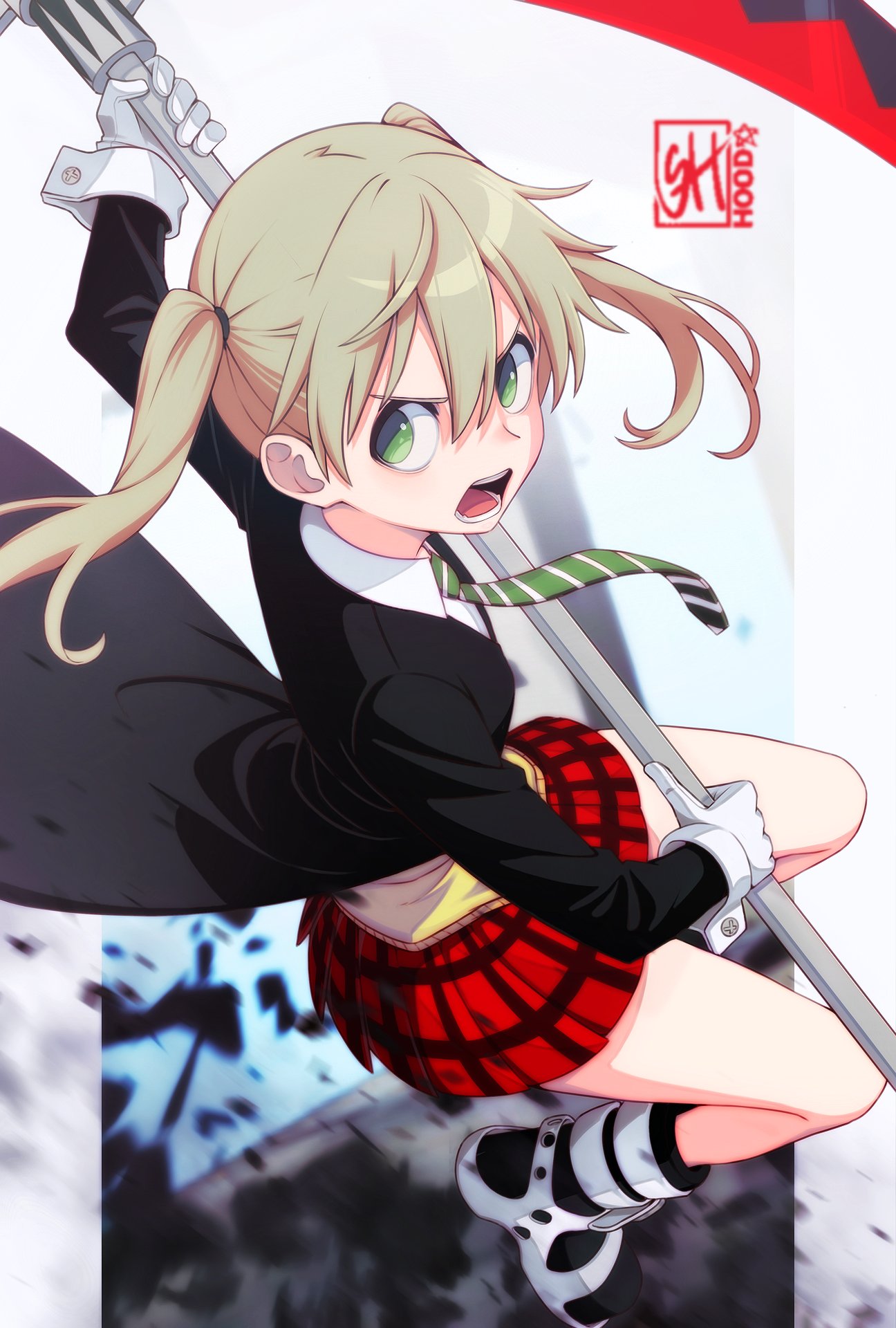 1girl, angry, artist_logo, black_jacket, border, brown_hair, collared_shirt, commentary